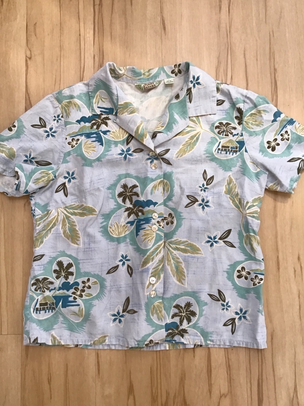 VTG Tommy Bahama 100% Silk Blue Tropical Palm Tree Tailored Camp Shirt Large Y2K